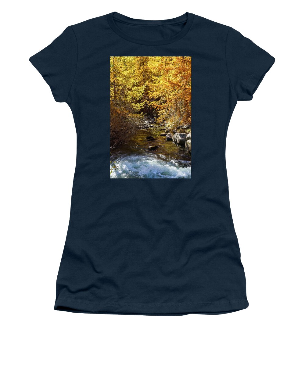 River Women's T-Shirt featuring the photograph River in Autumn - French Alps by Paul MAURICE
