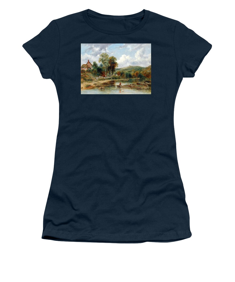 Frederick Waters Watts - River Landscape With Two Boys In A Boat Fishing Women's T-Shirt featuring the painting River Landscape with Two Boys by MotionAge Designs