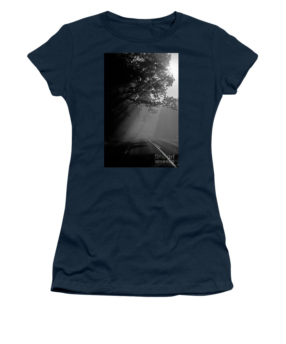 Travel Women's T-Shirt featuring the photograph Road with Early Morning Fog by Jim Corwin