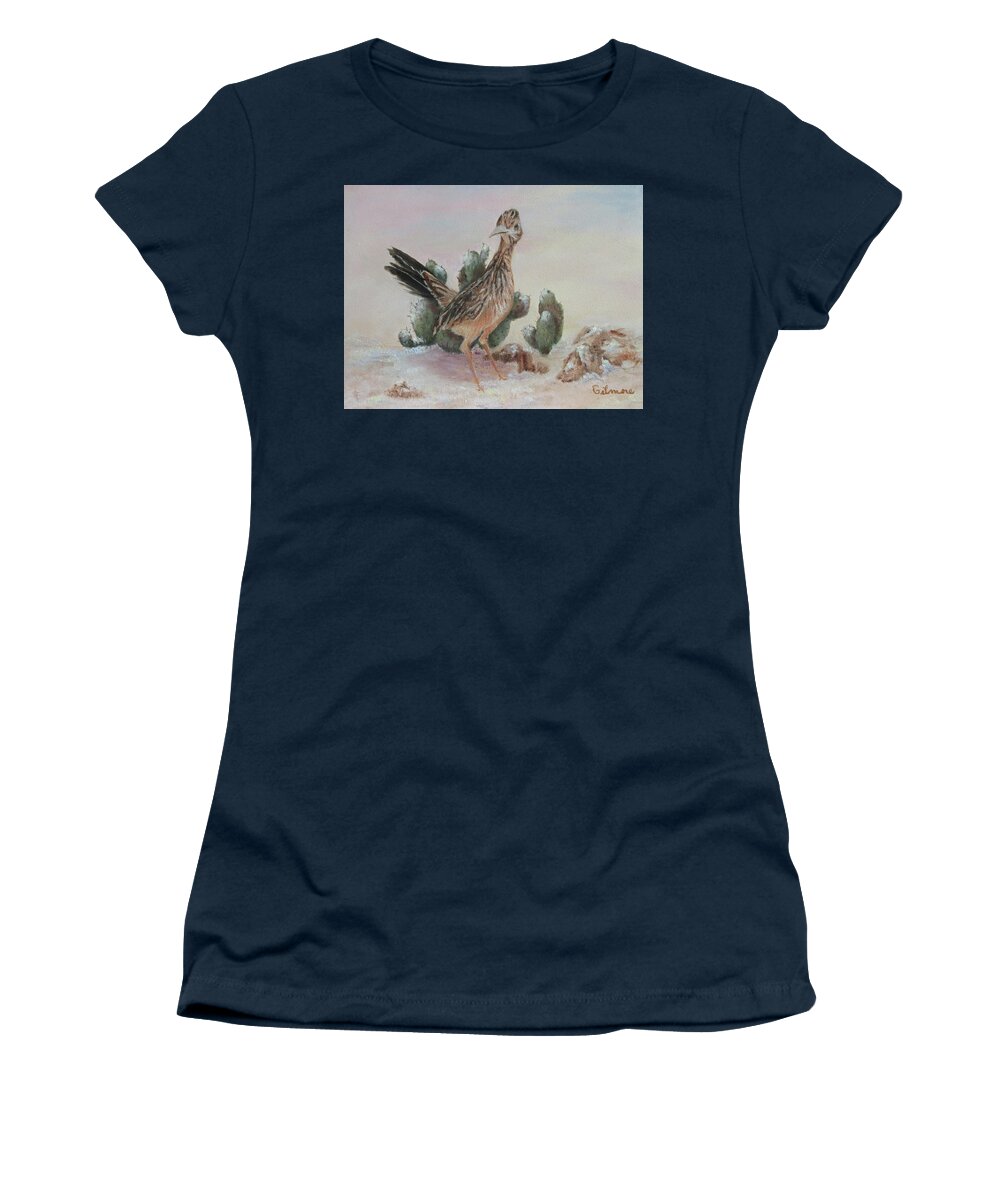 Nature Women's T-Shirt featuring the painting Roadrunner in Snow by Roseann Gilmore