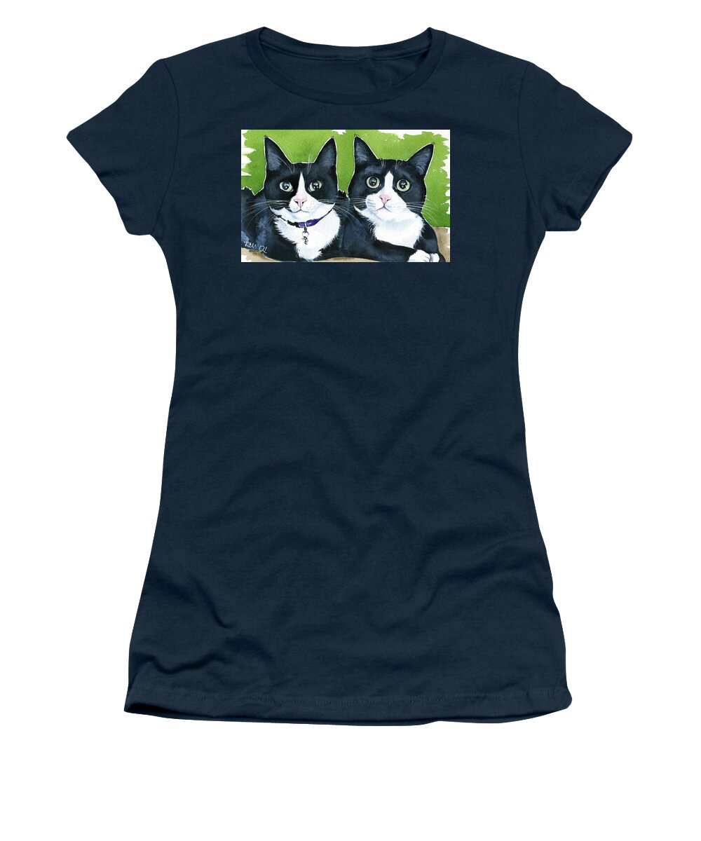 Cat Women's T-Shirt featuring the painting Robin and BatCat - Twin Tuxedo Cat Painting by Dora Hathazi Mendes