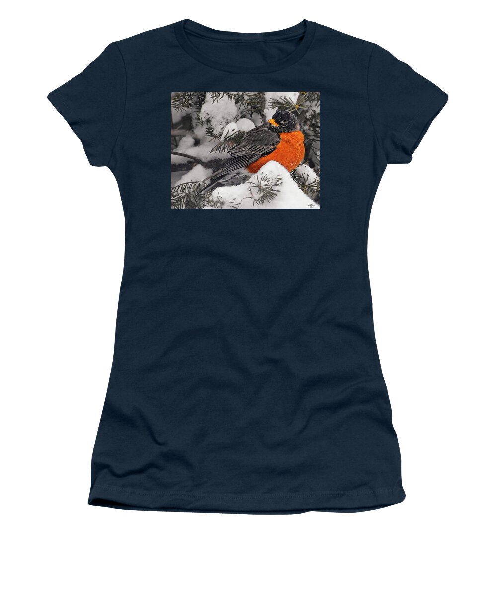 Robin Women's T-Shirt featuring the photograph Robin in March Snowstorm in Michigan by Peg Runyan
