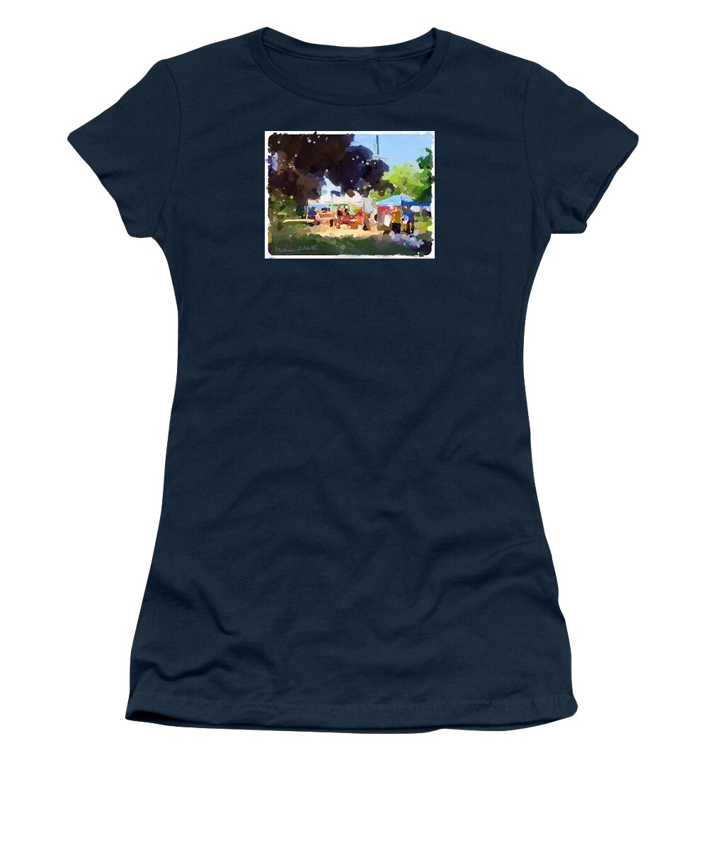 Rockport Farmer's Market Women's T-Shirt featuring the photograph Rockport Farmers Market Tents and Church Steeple at by Melissa Abbott