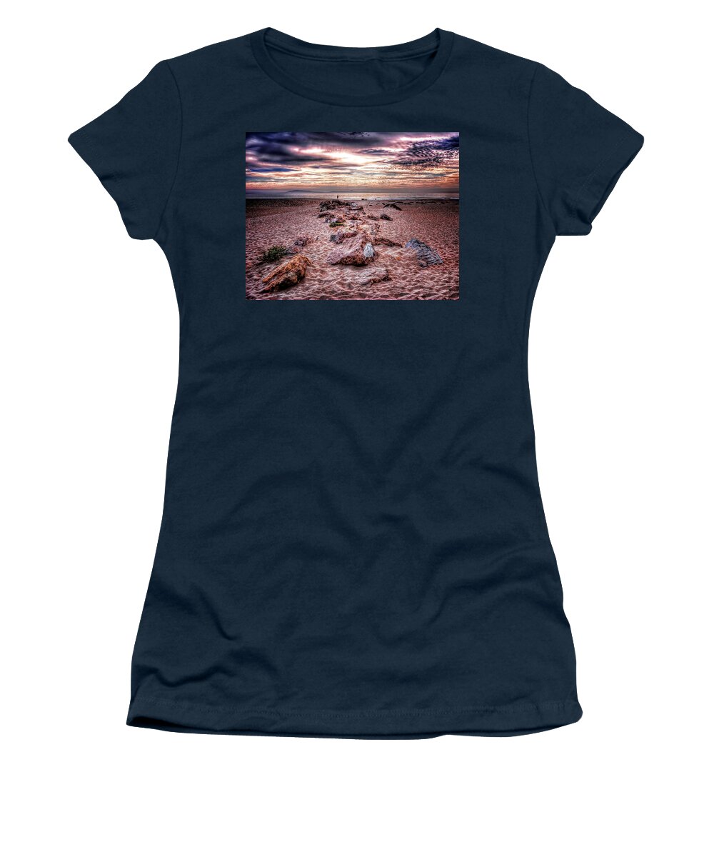 Sand Rock Sky Sunset Beach Water Ocean Women's T-Shirt featuring the photograph Rocky Beach by Wendell Ward