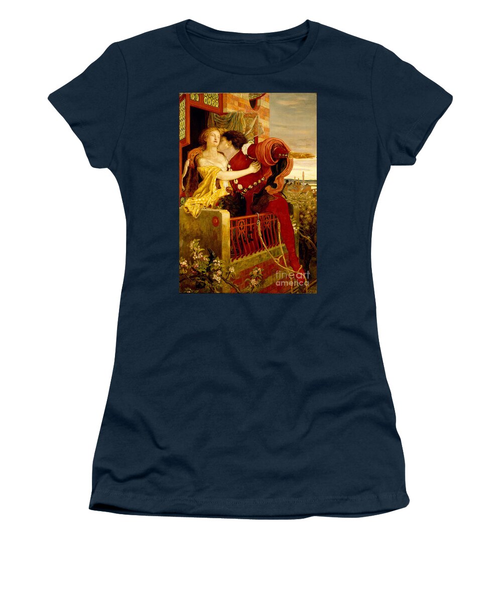 Ford Madox Brown Women's T-Shirt featuring the painting Romeo and Juliet parting on the balcony by MotionAge Designs