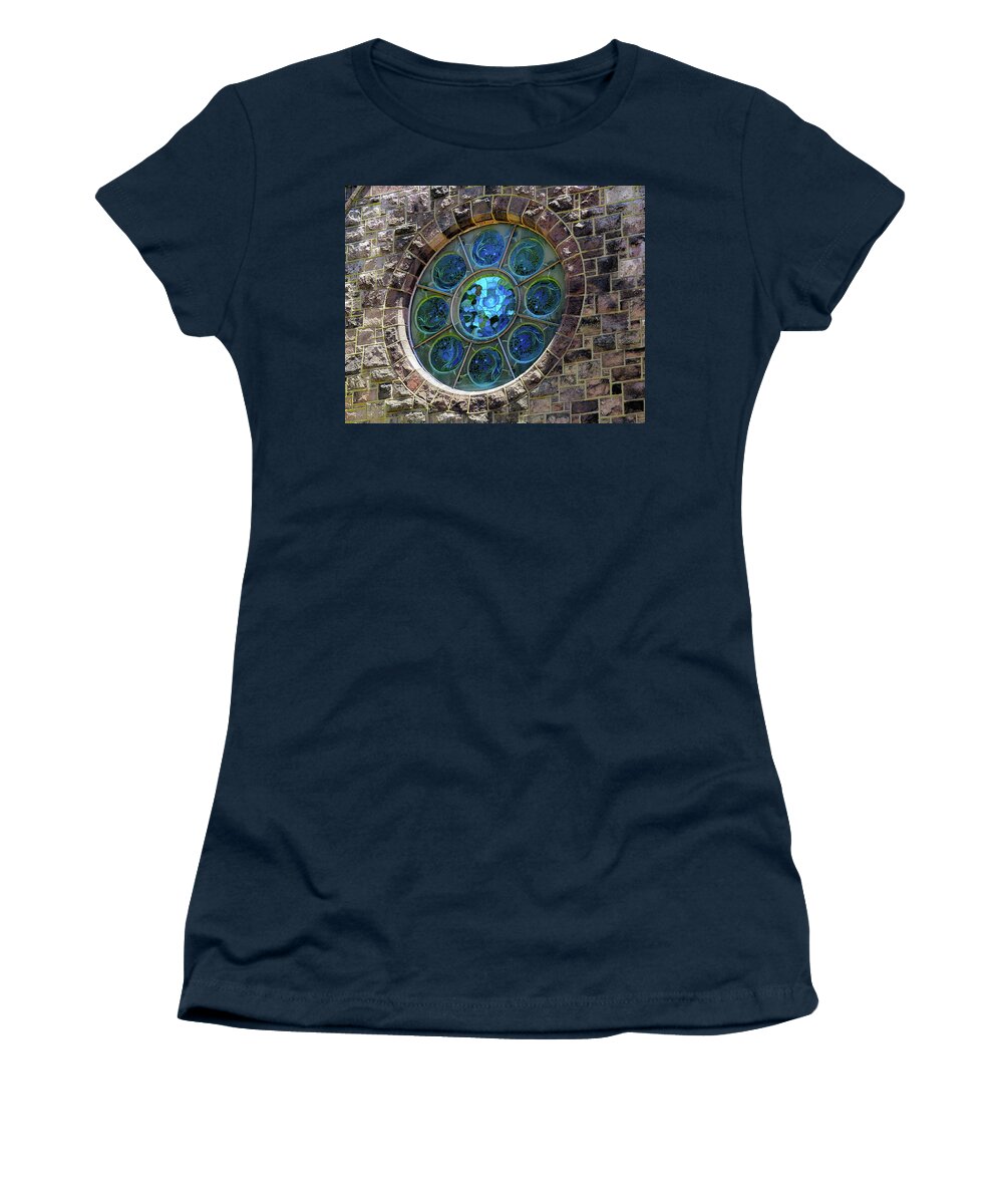 Louis Comfort Tiffany Women's T-Shirt featuring the photograph Rose Window by Tiffany in Riverton, NJ by Linda Stern