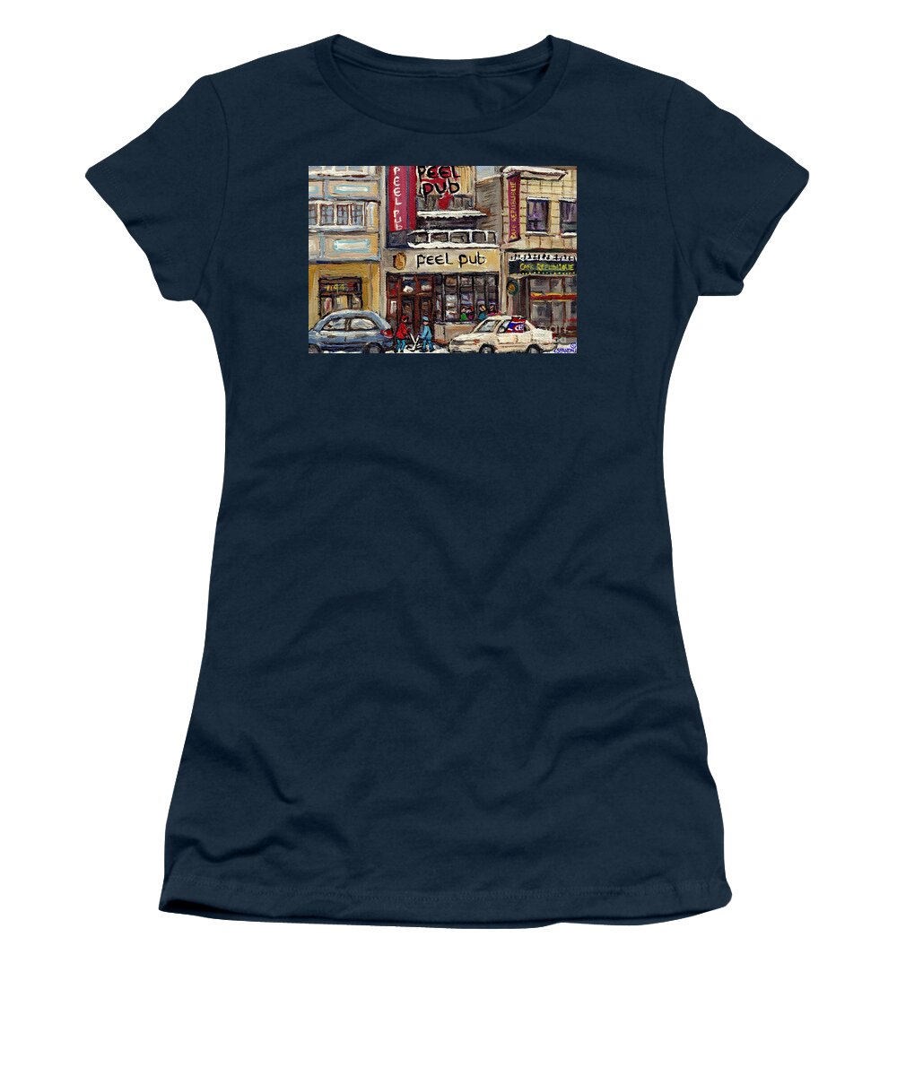 Montreal Women's T-Shirt featuring the painting Rue Peel Montreal Winter Street Scene Paintings Peel Pub Cafe Republique Hockey Scenes Canadian Art by Carole Spandau