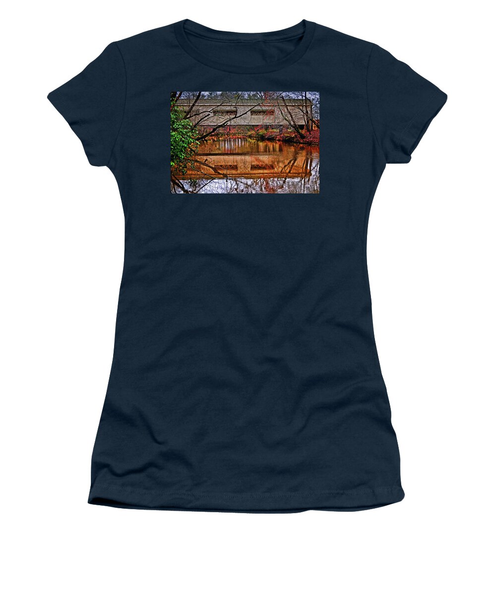 Covered Bridge Women's T-Shirt featuring the photograph Running Waters Covered Bridge 025 by George Bostian