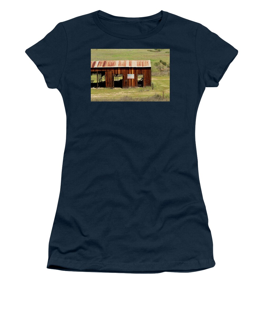 Soledad Women's T-Shirt featuring the photograph Rustic Barn with Flag by Art Block Collections