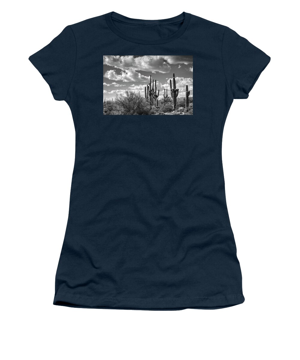 Arizona Women's T-Shirt featuring the photograph Saguaro and Blue Skies Ahead in Black and White by Saija Lehtonen