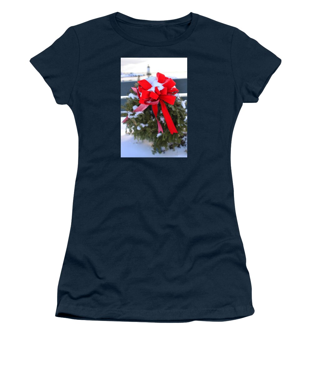 Salem Women's T-Shirt featuring the photograph Salem Lighthouse Christmas Wreath by Nicole Freedman