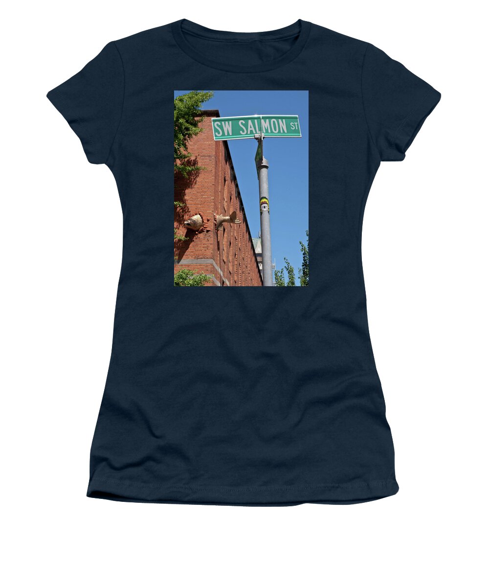 Urban Women's T-Shirt featuring the photograph Salmon through a building by Frank DiMarco