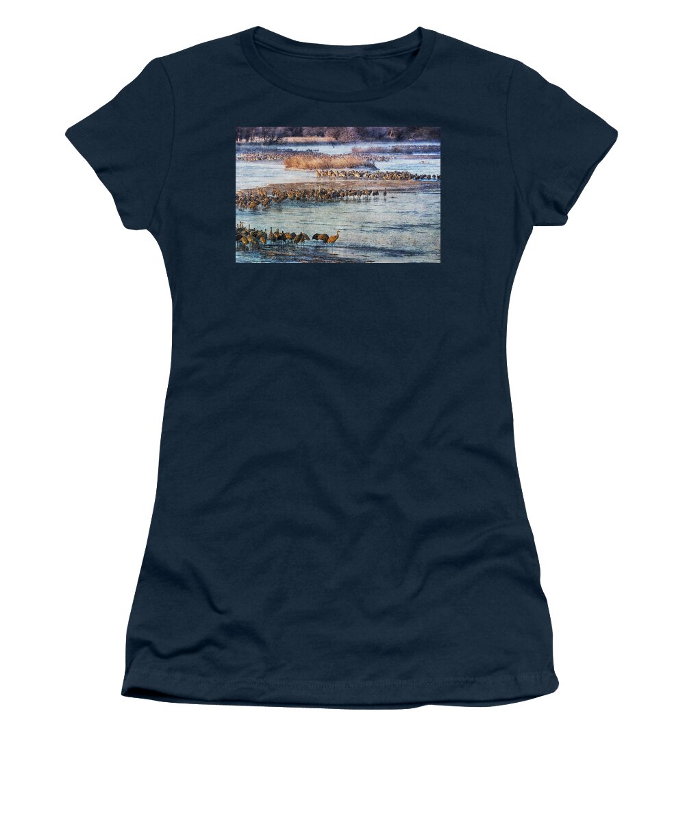 Sandhill Crane Women's T-Shirt featuring the photograph Sandhill Crane Platte River - Textured by Kathy Adams Clark