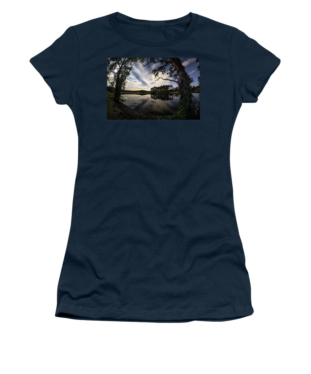Sandra Sandra's Pond Reservoir Westboro Westborough Ma Mass Massachusetts Newengland New England U.s.a. Usa Water Lake Outside Outdoors Nature Serene Sky Clouds Stars Reflection Brian Hale Brianhalephoto Women's T-Shirt featuring the photograph Sandra Pond at Night by Brian Hale