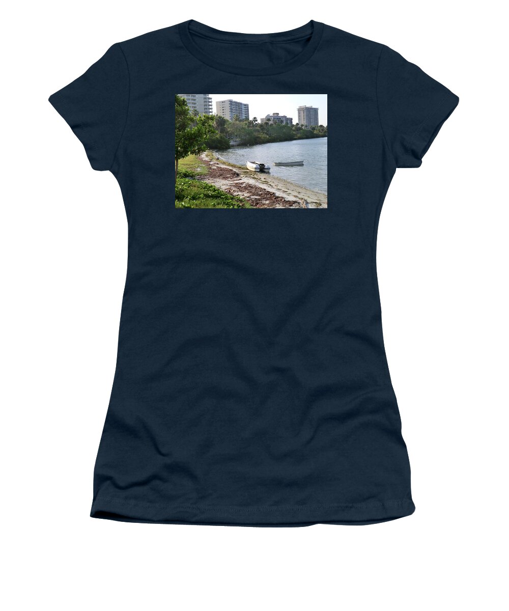 Sarasota Florida Sunshine States America U.s.a Water Beach Tropical Boat Waterfront Sea Water Beautiful Landscape Photos Photo Us Trees View Building Buildings Women's T-Shirt featuring the digital art Sarasota, Florida #1 by Jeanette Rode Dybdahl