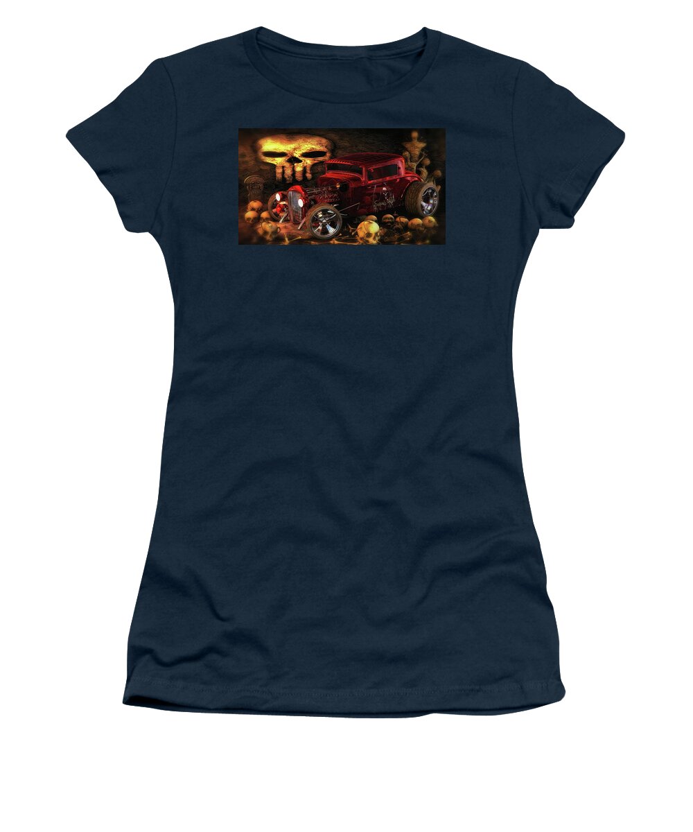 Ford # Ford Flathead # Hotrod # V8 # 1930 Ford # Multiple-carburetors # Custom Car # Skulls # Cinema 4d # Photoshop # Custom Hot Rod # Satanic #satan Women's T-Shirt featuring the digital art Satan Ride by Louis Ferreira