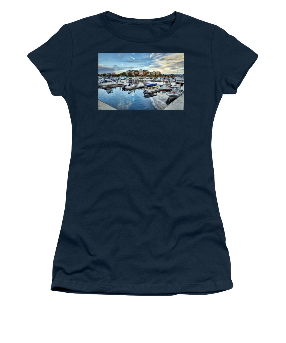 Boats Harbor Marina Water Sunset Seascape Women's T-Shirt featuring the photograph Seabridge Marina #2 by Wendell Ward