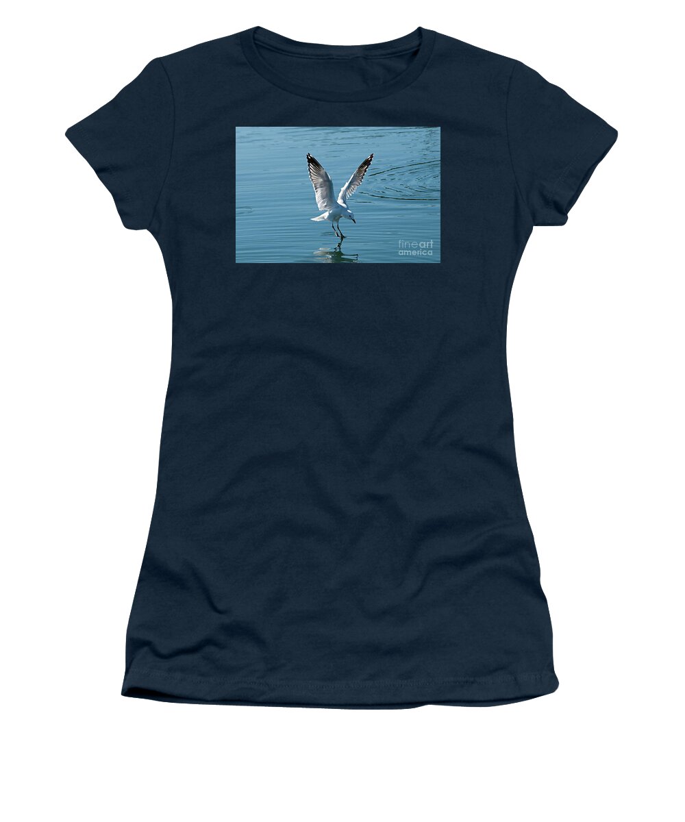 Australia Women's T-Shirt featuring the photograph Seagull Landing with Water Reflections. by Geoff Childs