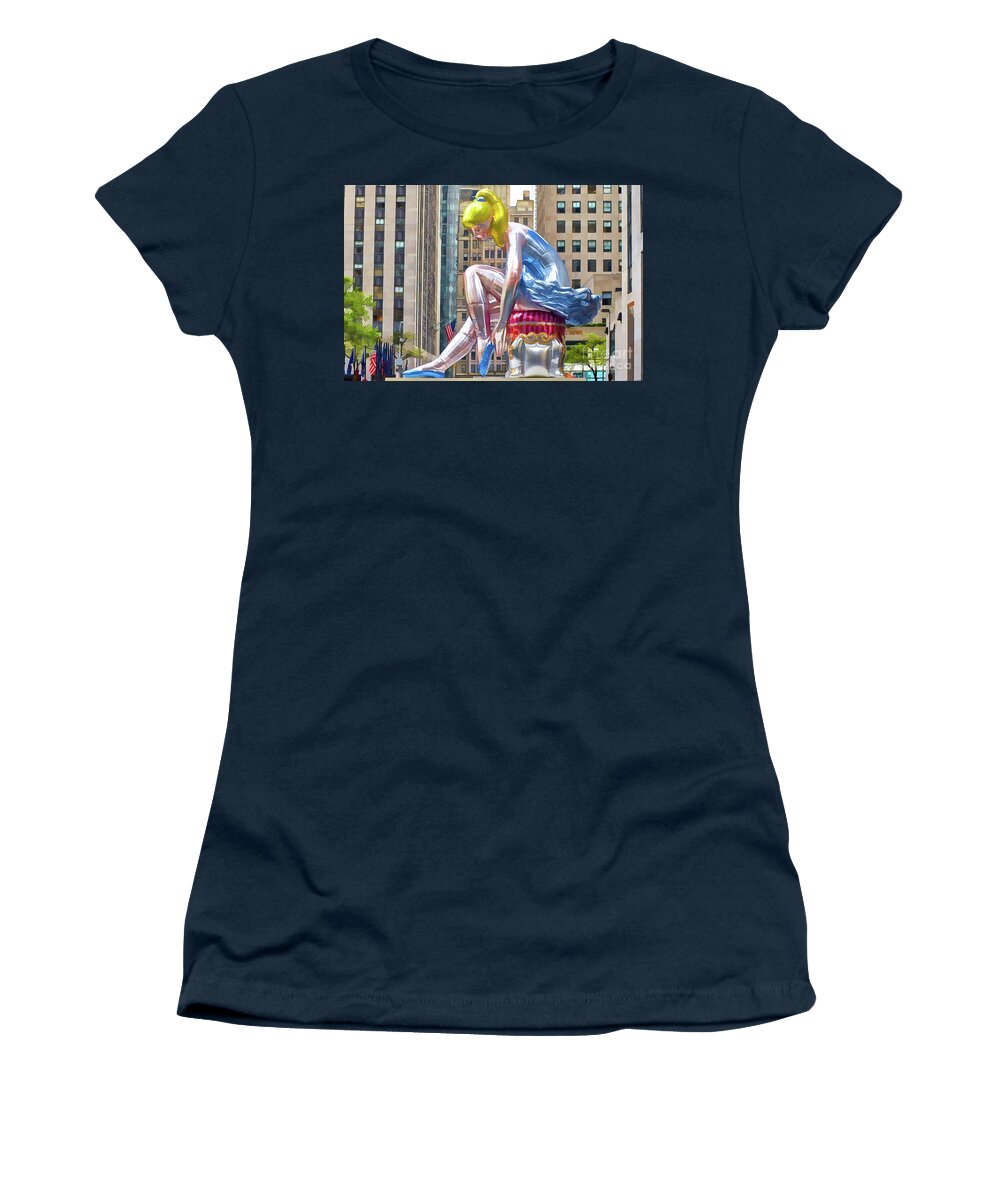 Seated-ballerina Women's T-Shirt featuring the painting Seated Ballerina at Rockefeller Center 1 by Jeelan Clark