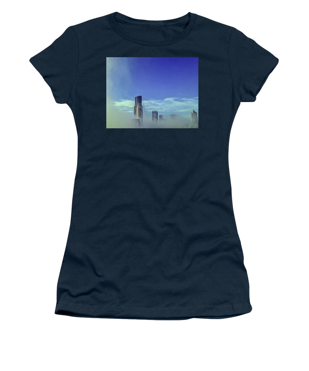 Blue Women's T-Shirt featuring the photograph Seattle Fog Scape by Kathryn Alexander MA