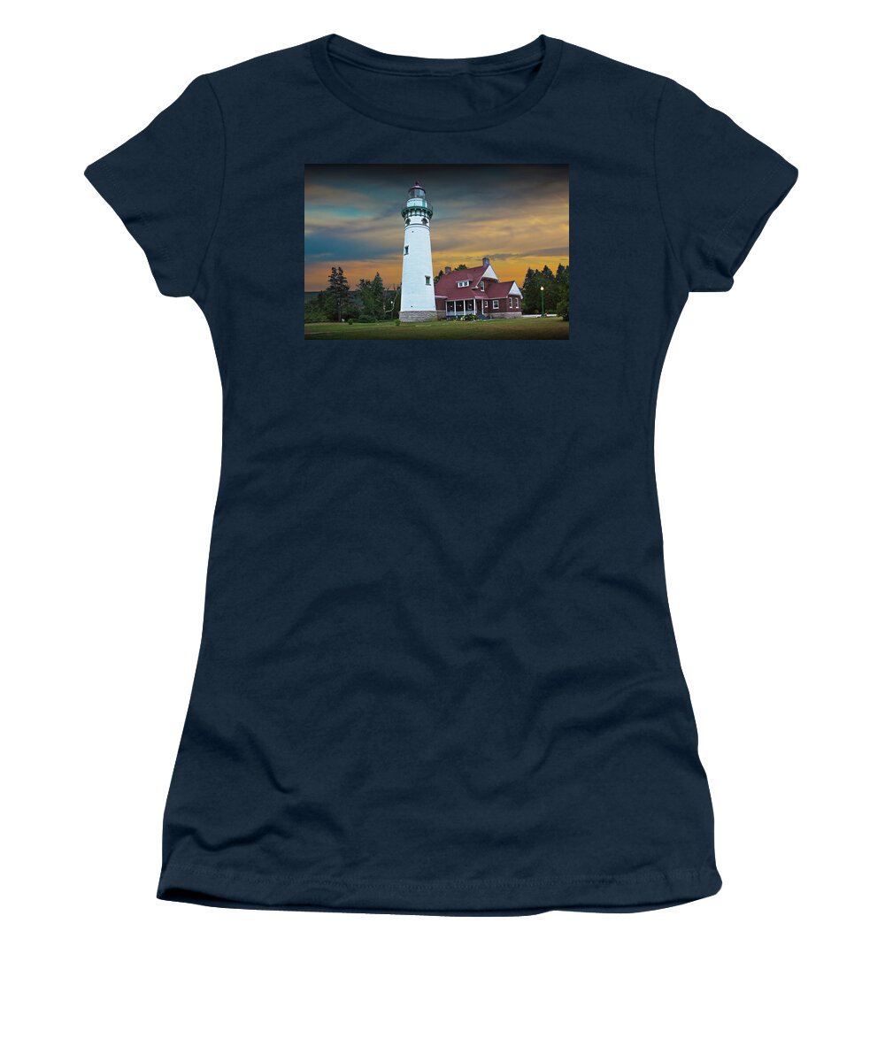 Lighthouse Women's T-Shirt featuring the photograph Seul Choix Point Fog Signal Building at Sunset by Randall Nyhof
