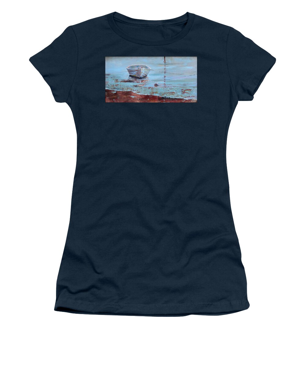 Rowboat Women's T-Shirt featuring the painting Shallow Tether by Trina Teele
