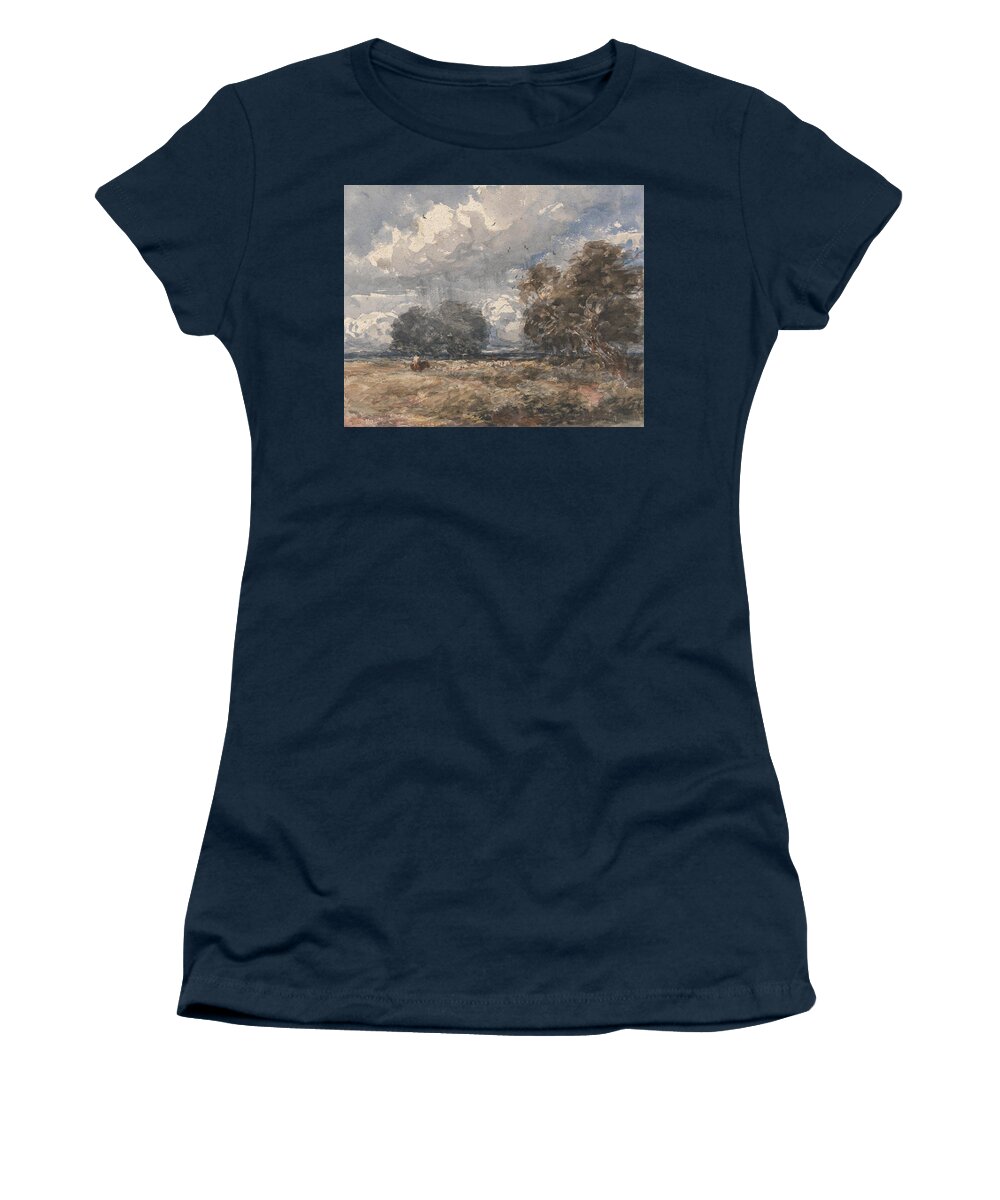 Shepherding The Flock Women's T-Shirt featuring the painting Shepherding the Flock Windy Day by David Cox 1848 by Celestial Images