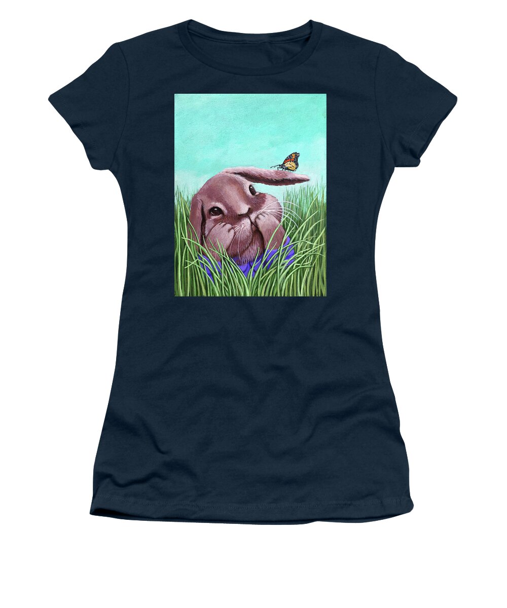 Bunny Women's T-Shirt featuring the painting Shy Bunny - original painting by Linda Apple