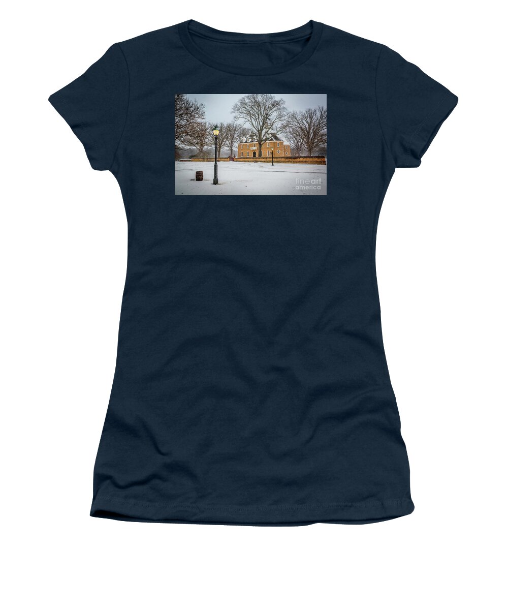 Side View Of Colonial Capitol In Winter Women's T-Shirt featuring the photograph Side View of Colonial Capitol in Winter by Karen Jorstad