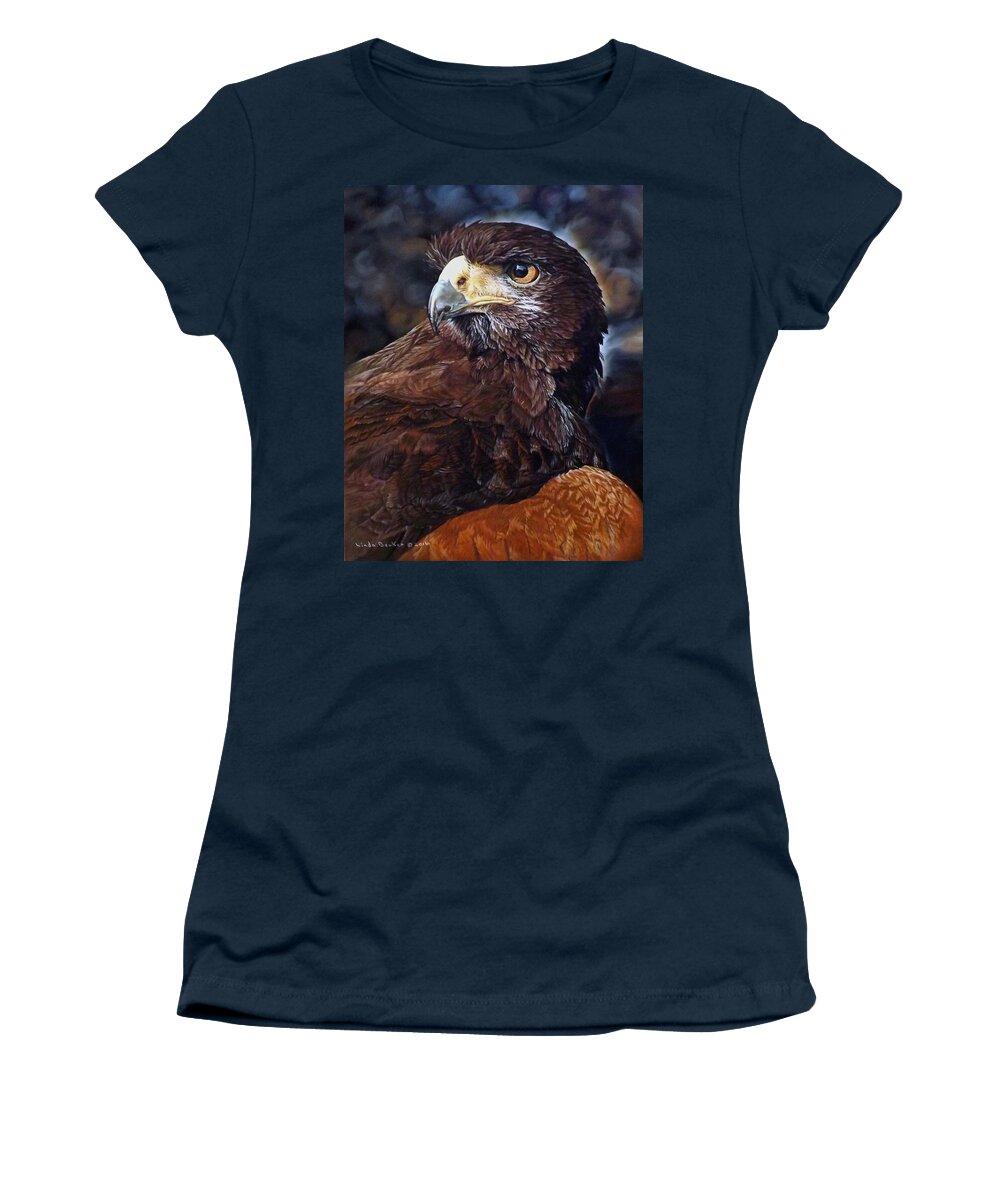 Hawk Women's T-Shirt featuring the painting Sig the Harris Hawk by Linda Becker