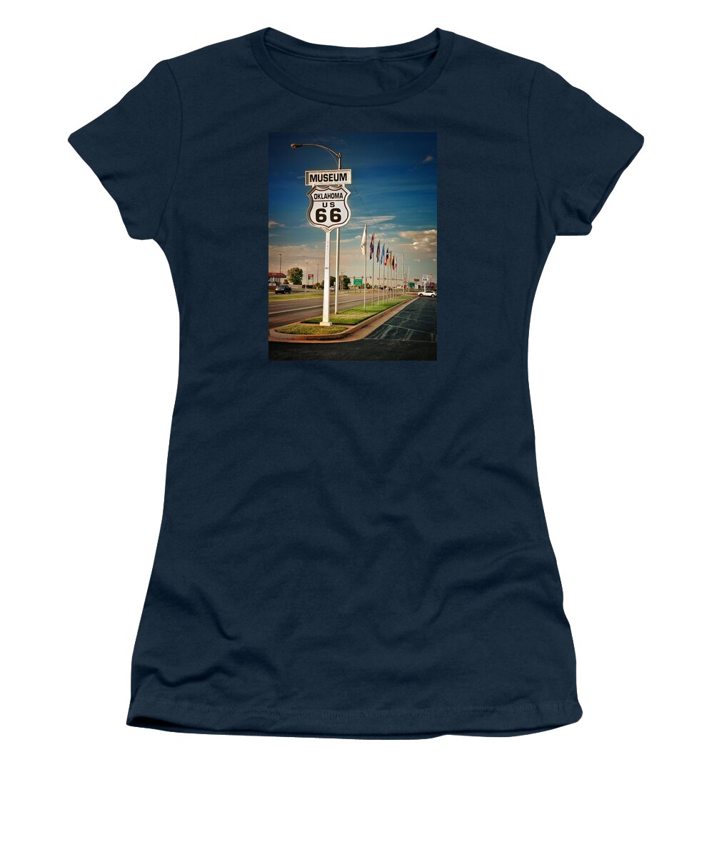Route 66 Women's T-Shirt featuring the photograph Sign and Flags at Oklahoma Route 66 Museum by Buck Buchanan