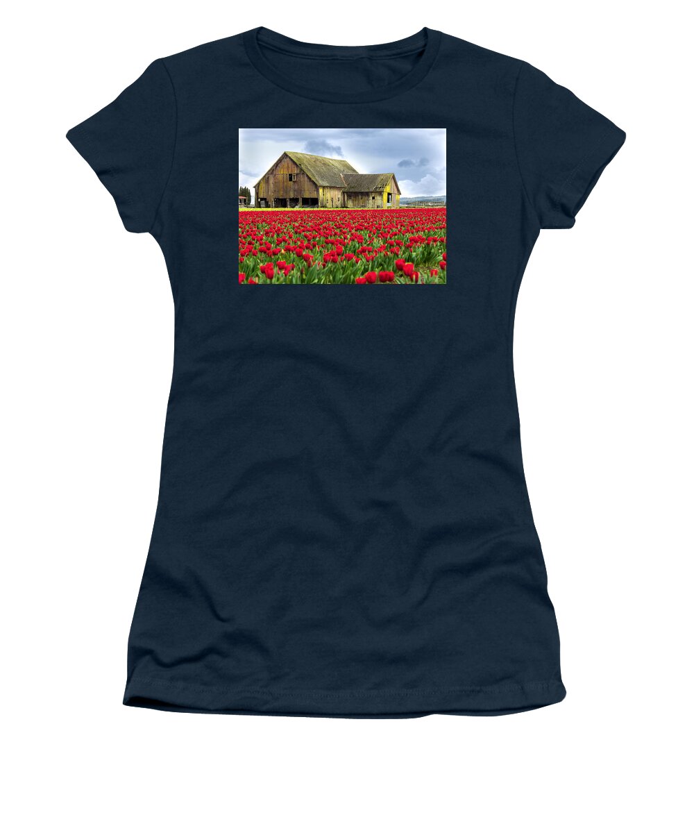 Red Women's T-Shirt featuring the photograph Skagit Valley Barn by Kyle Wasielewski