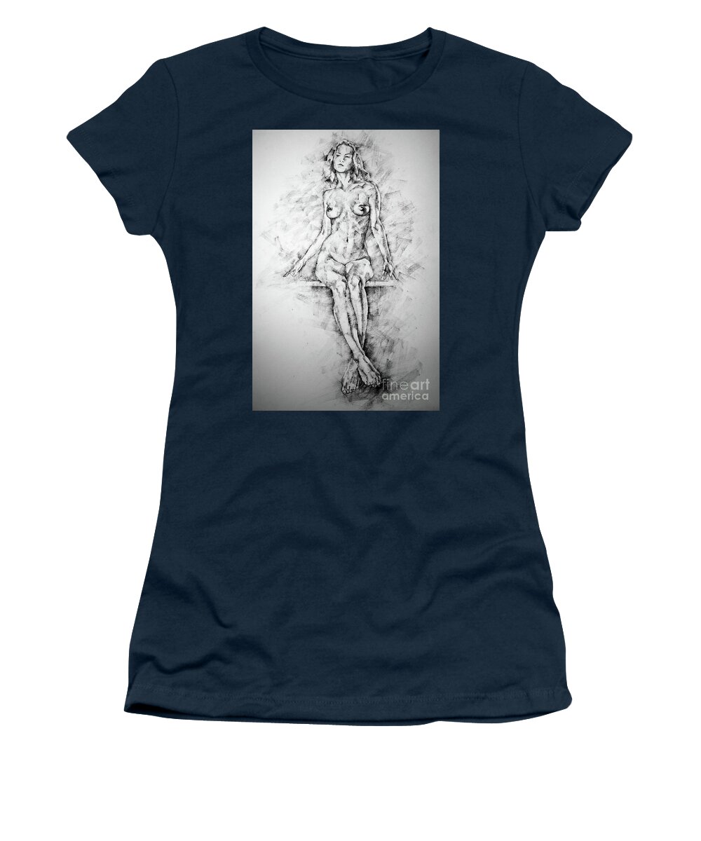 Art Women's T-Shirt featuring the drawing SketchBook Page 39 Drawing Female Full Body Sitting Front Pose by Dimitar Hristov