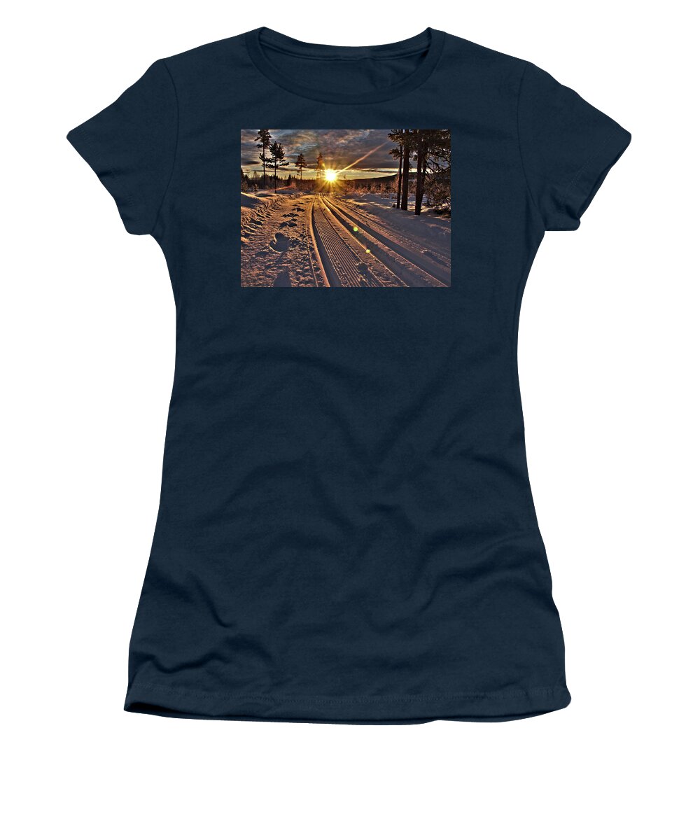 Ski Trails With Sun Beams By Sushko Women's T-Shirt featuring the photograph Ski trails with sun beams by Tamara Sushko