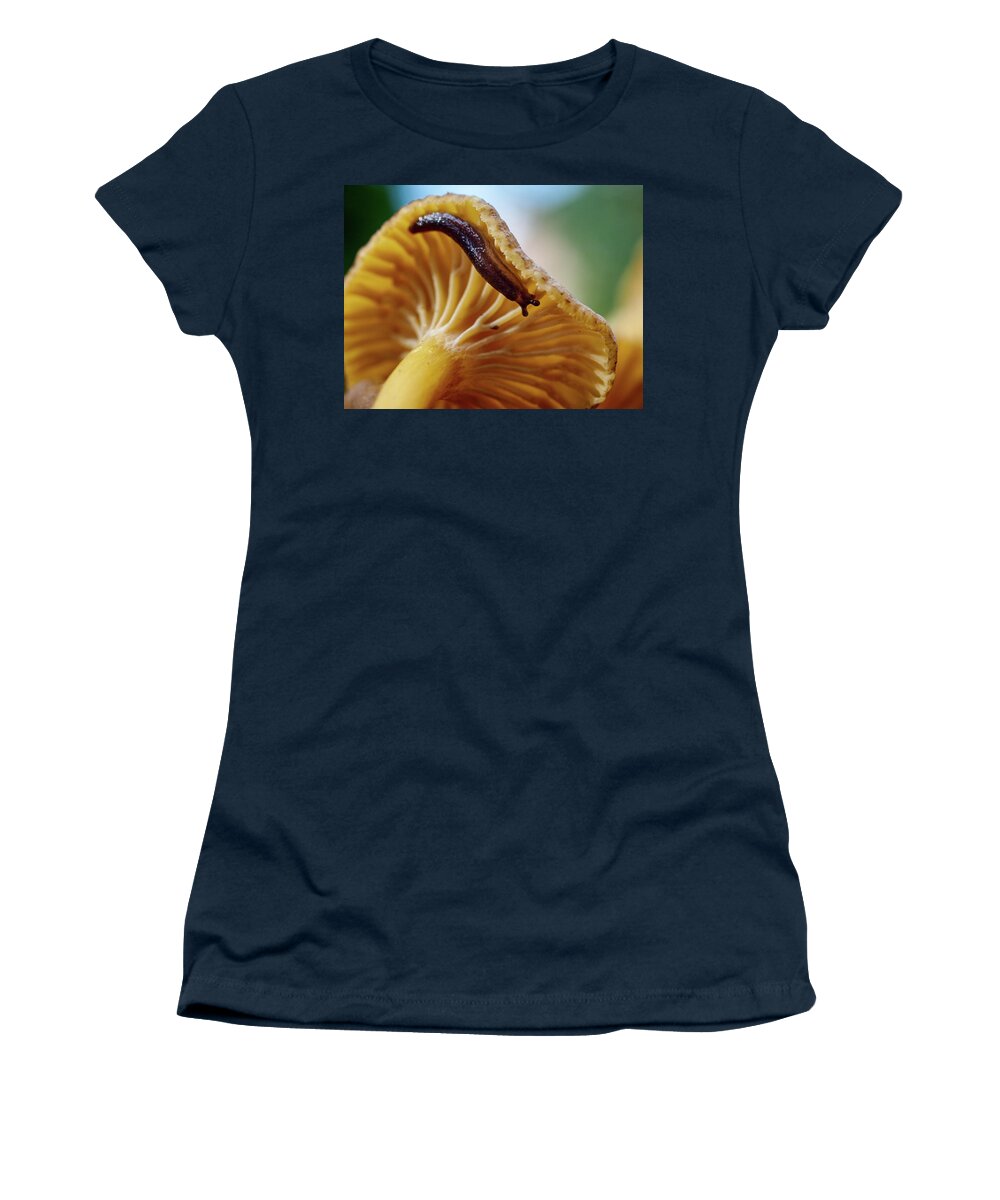 Cantharellus Tubaeformis Women's T-Shirt featuring the photograph Snail on the chanterelle by Jouko Lehto