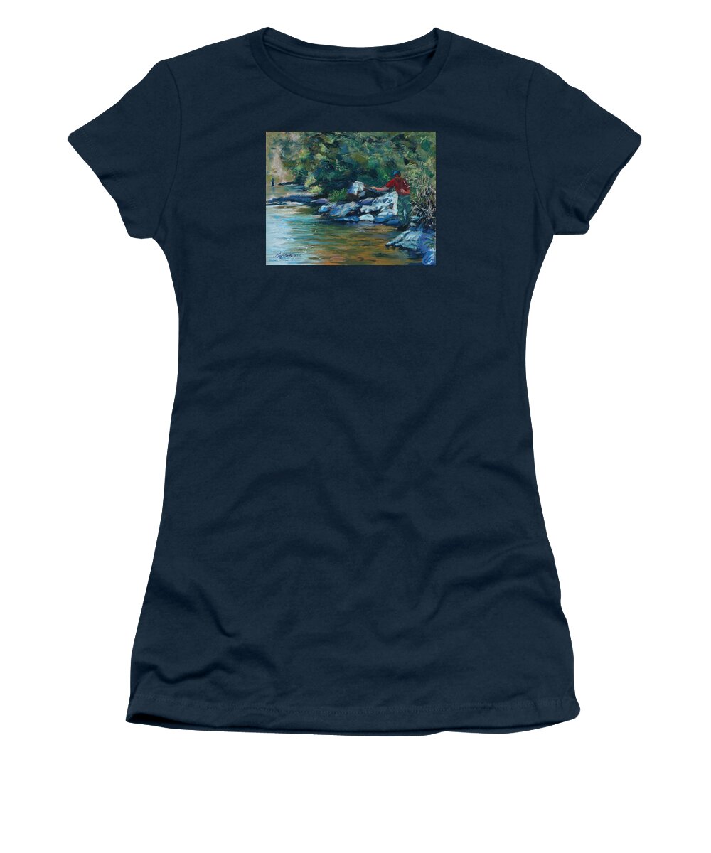 Flyfishing Women's T-Shirt featuring the painting Sneaking Up on a Rainbow by Mary Benke