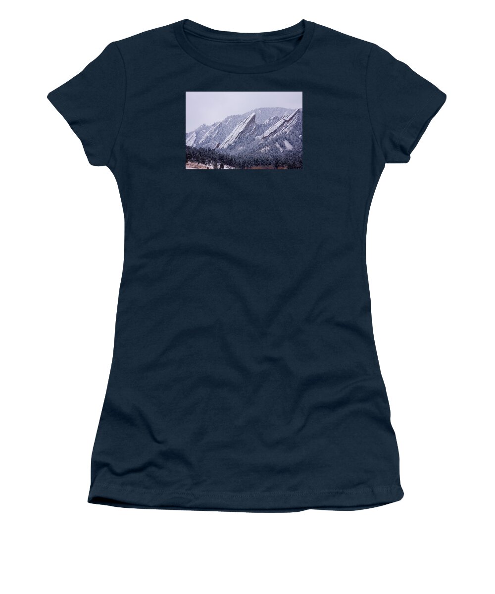 Snow Women's T-Shirt featuring the photograph Snow Dusted Flatirons Boulder Colorado by James BO Insogna