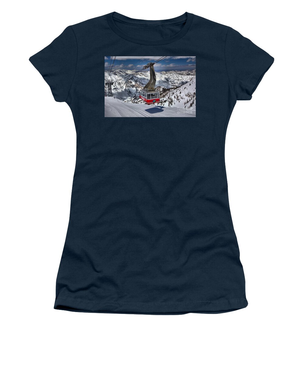 Snowbird Tram Women's T-Shirt featuring the photograph Snowbird Tram Approaching Hidden Peak by Adam Jewell