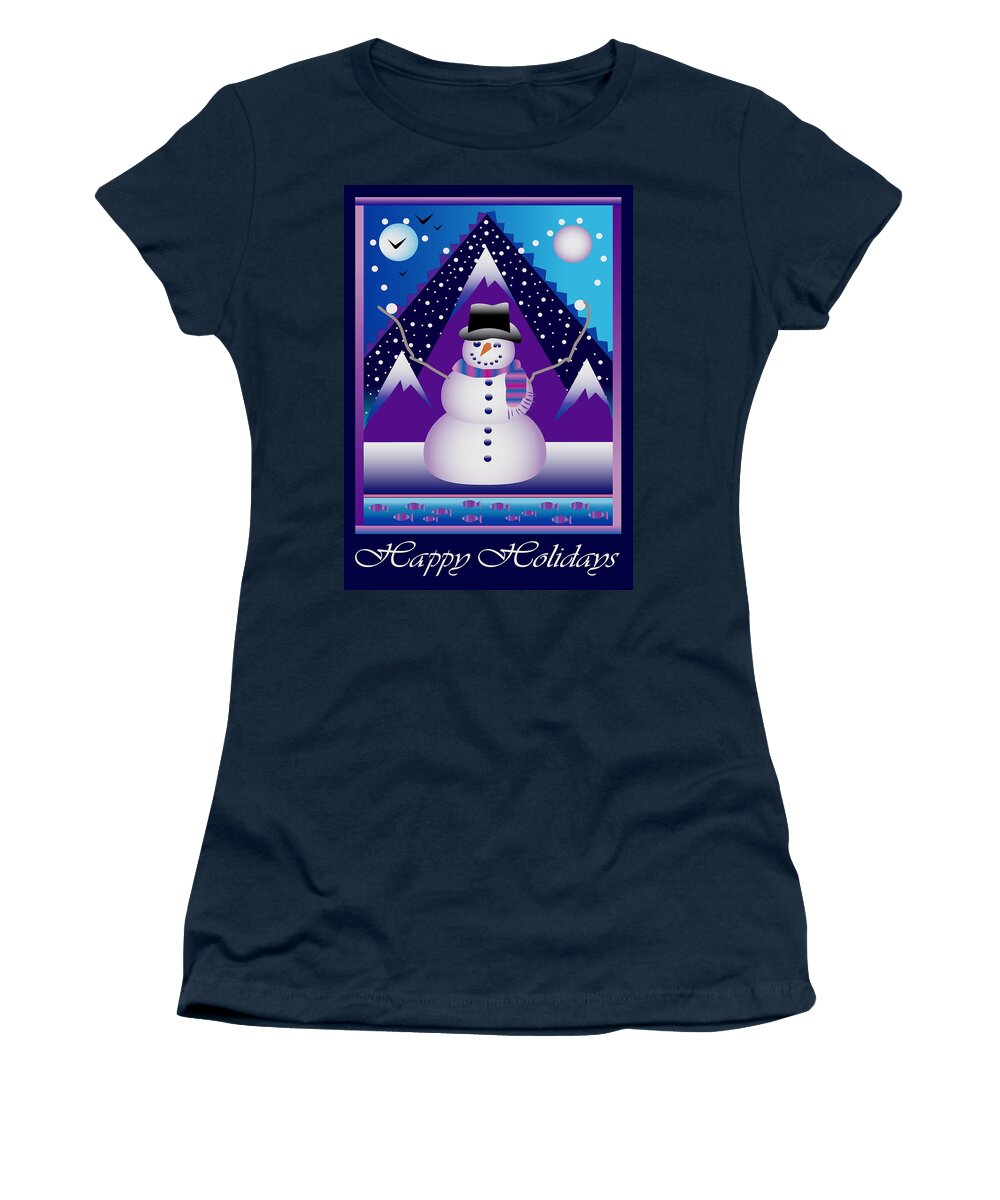 Card Women's T-Shirt featuring the digital art Snowman Juggler by Nancy Griswold