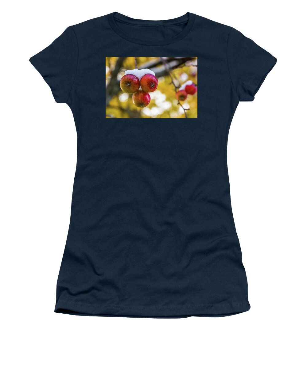 Apples Women's T-Shirt featuring the photograph Snowy Apples by Tim Kirchoff
