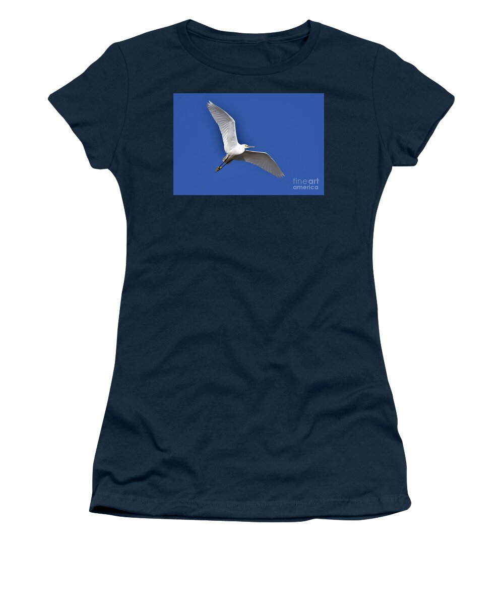 Snowy Egret Women's T-Shirt featuring the photograph Snowy Egret Flying High by Julie Adair