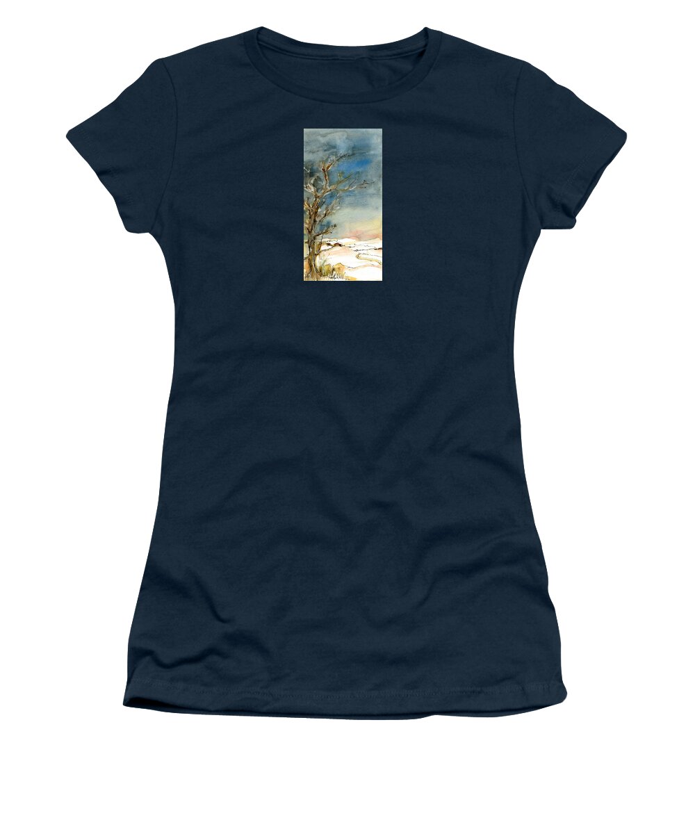Snow Women's T-Shirt featuring the painting Snowy landscape by Karina Plachetka