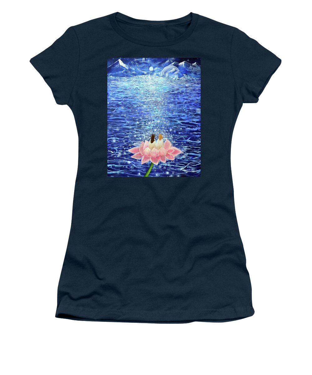 Lotus Flower In The Moonlight Women's T-Shirt featuring the painting Sparkle Souls by Ashleigh Dyan Bayer