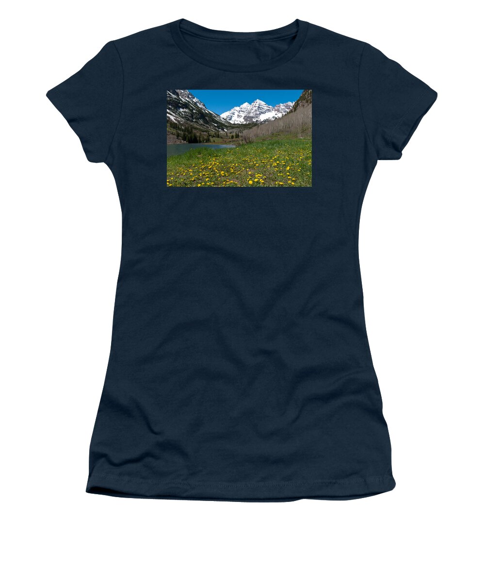 Rocky Mountains Women's T-Shirt featuring the photograph Spring at the Maroon Bells by Cascade Colors