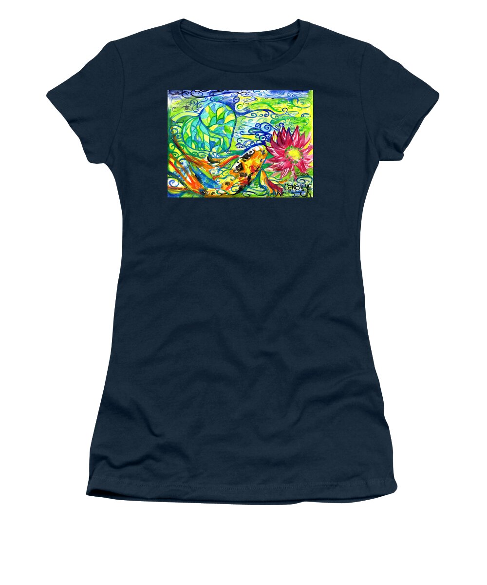 Koi Fish Women's T-Shirt featuring the painting Spring Koi Fish With Water Lily by Genevieve Esson