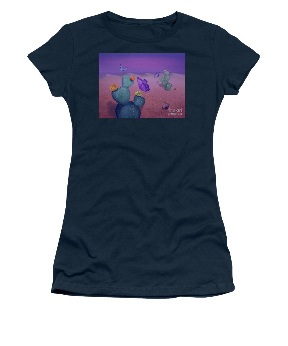 Spring Women's T-Shirt featuring the mixed media Spring Sunset on the Desert by Yoonhee Ko