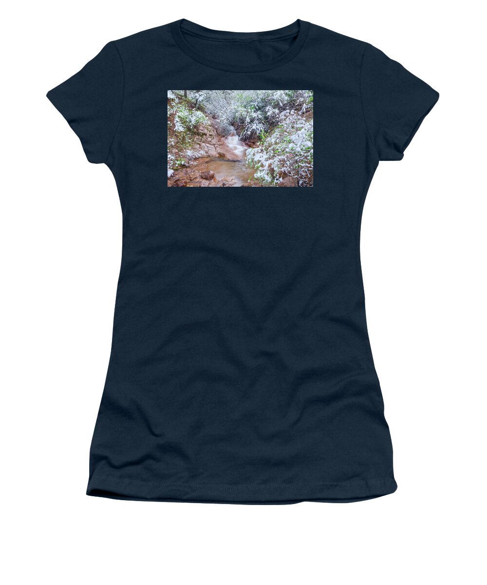 North Cheyenne Creek Women's T-Shirt featuring the photograph Springtime In The Colorado Rockies Implies Heavy, Slushy Snow, And Lots Of It. by Bijan Pirnia