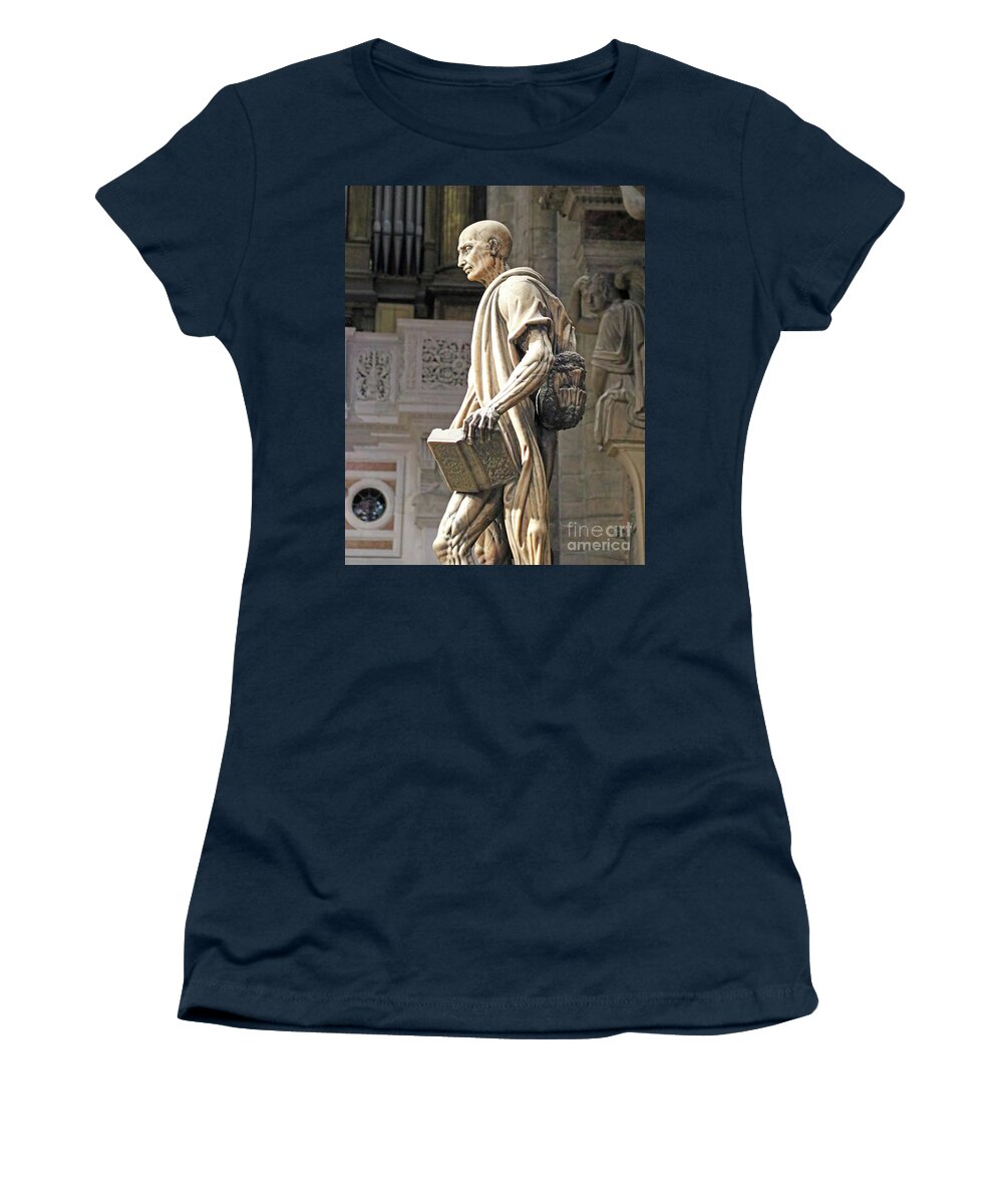 Statue Of St. Bartholomew Women's T-Shirt featuring the photograph St. Bartholomew statue in Duomo, Milan Cathedral 7680 by Jack Schultz