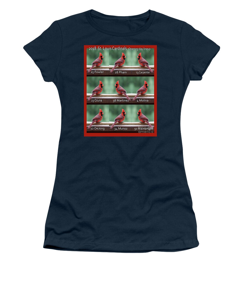 Saint Louis Cardinals Women's T-Shirt featuring the photograph St. Cardinals Home Opening Day Lineup by John Freidenberg