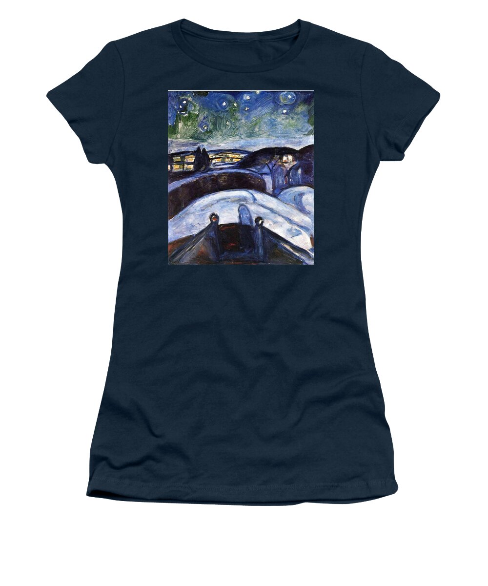 Starry Night - Edvard Munch Women's T-Shirt featuring the painting Starry night by MotionAge Designs